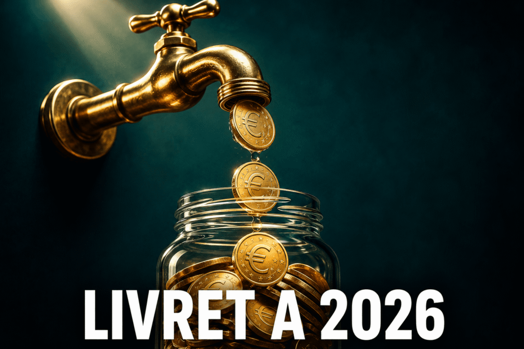 Robinet doré versant des pièces en euros dans un bocal, symbolisant les intérêts réguliers du Livret A en 2026