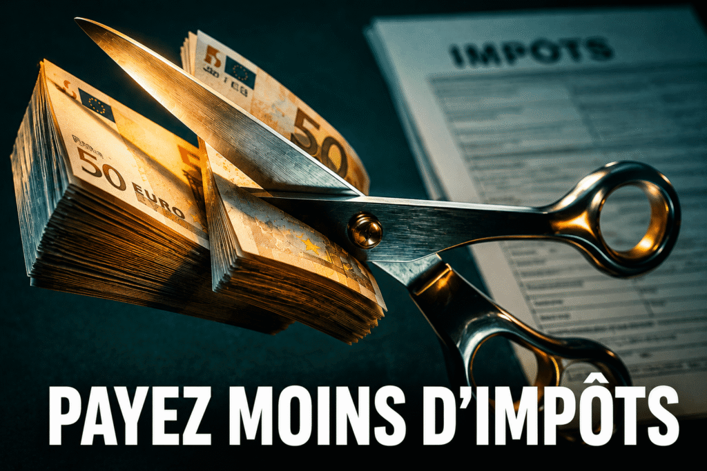 Ciseaux coupant des billets d'euros symbolisant la réduction d'impôts sur les déclarations revenus boursiers en 2026