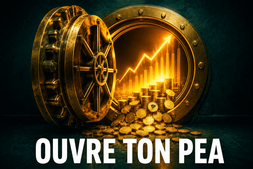 Coffre-fort doré grand ouvert laissant échapper de la lumière et des pièces, symbolisant l'ouverture d'un PEA en ligne