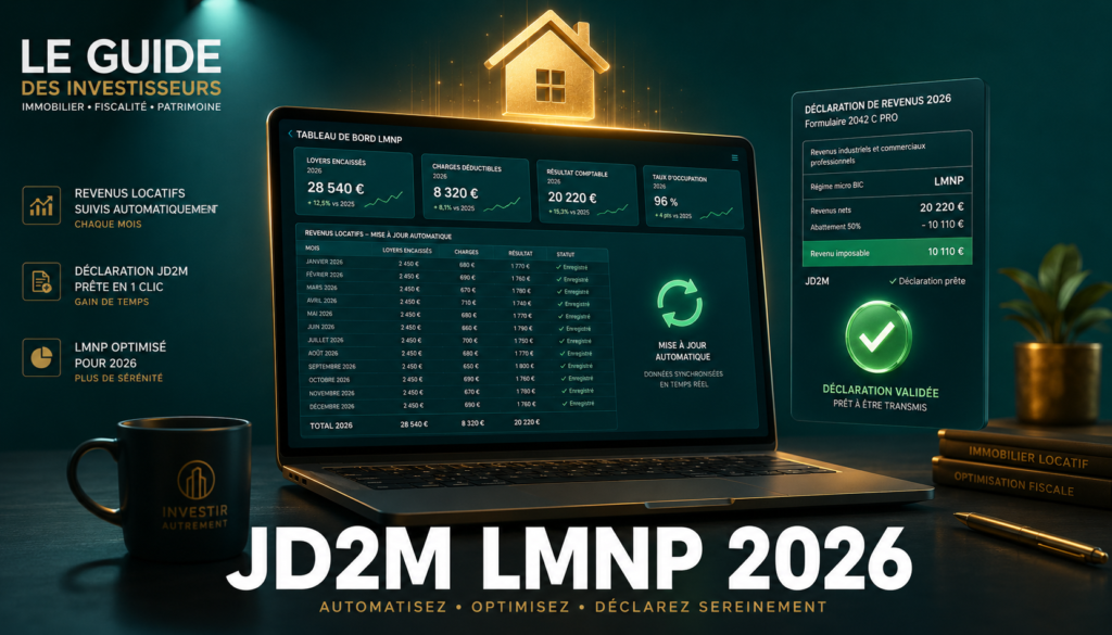 Avis JD2M 2026 : Ordinateur affichant un tableau de bord LMNP automatisé illustrant la plateforme JD2M pour la comptabilité au régime réel