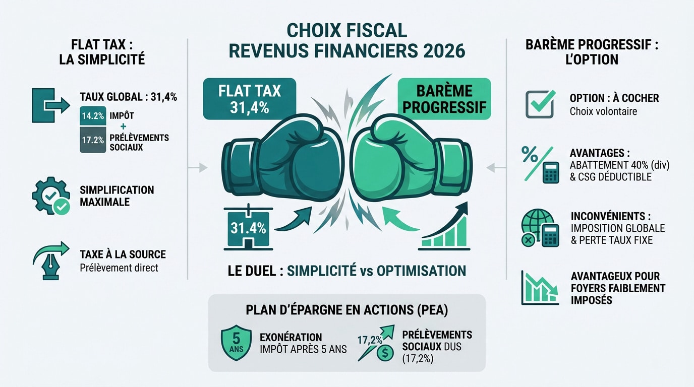 Comparaison fiscale entre la Flat Tax à 31,4% et le barème progressif en 2026