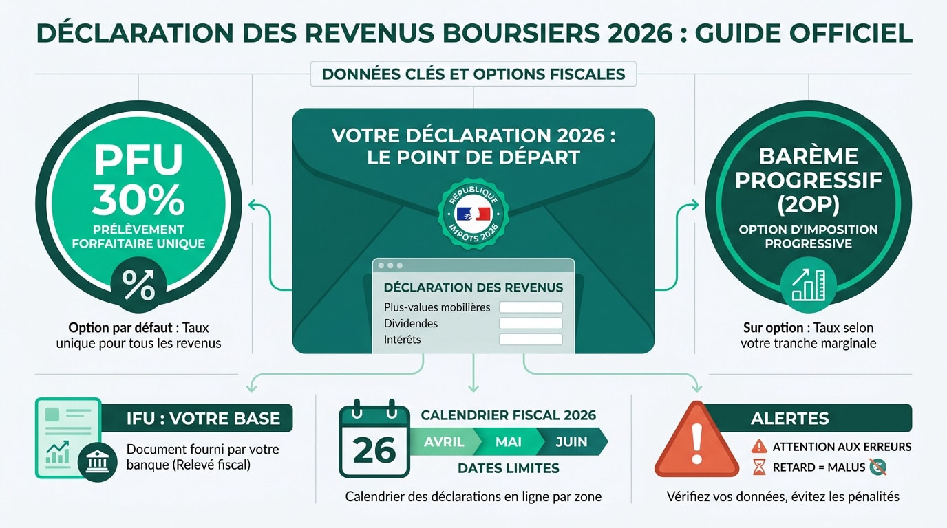 Infographie sur la déclaration revenus boursiers 2026, détaillant le PFU, le barème progressif, l'IFU, le calendrier fiscal et les alertes importantes.