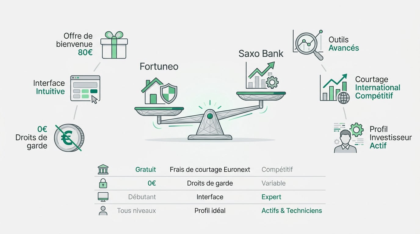 Comparatif des frais et services entre Fortuneo et Saxo Bank pour un PEA