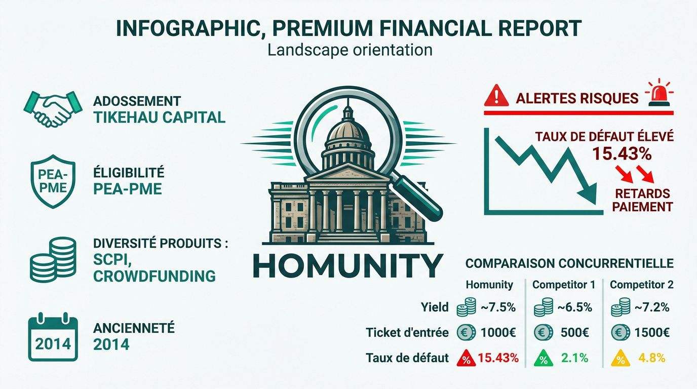 Infographie des performances et services de la plateforme Homunity en 2026