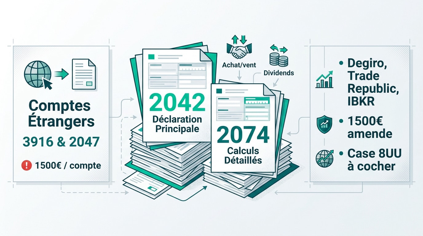 Infographie expliquant la liaison entre la déclaration principale 2042 et le formulaire 3916 pour les comptes étrangers