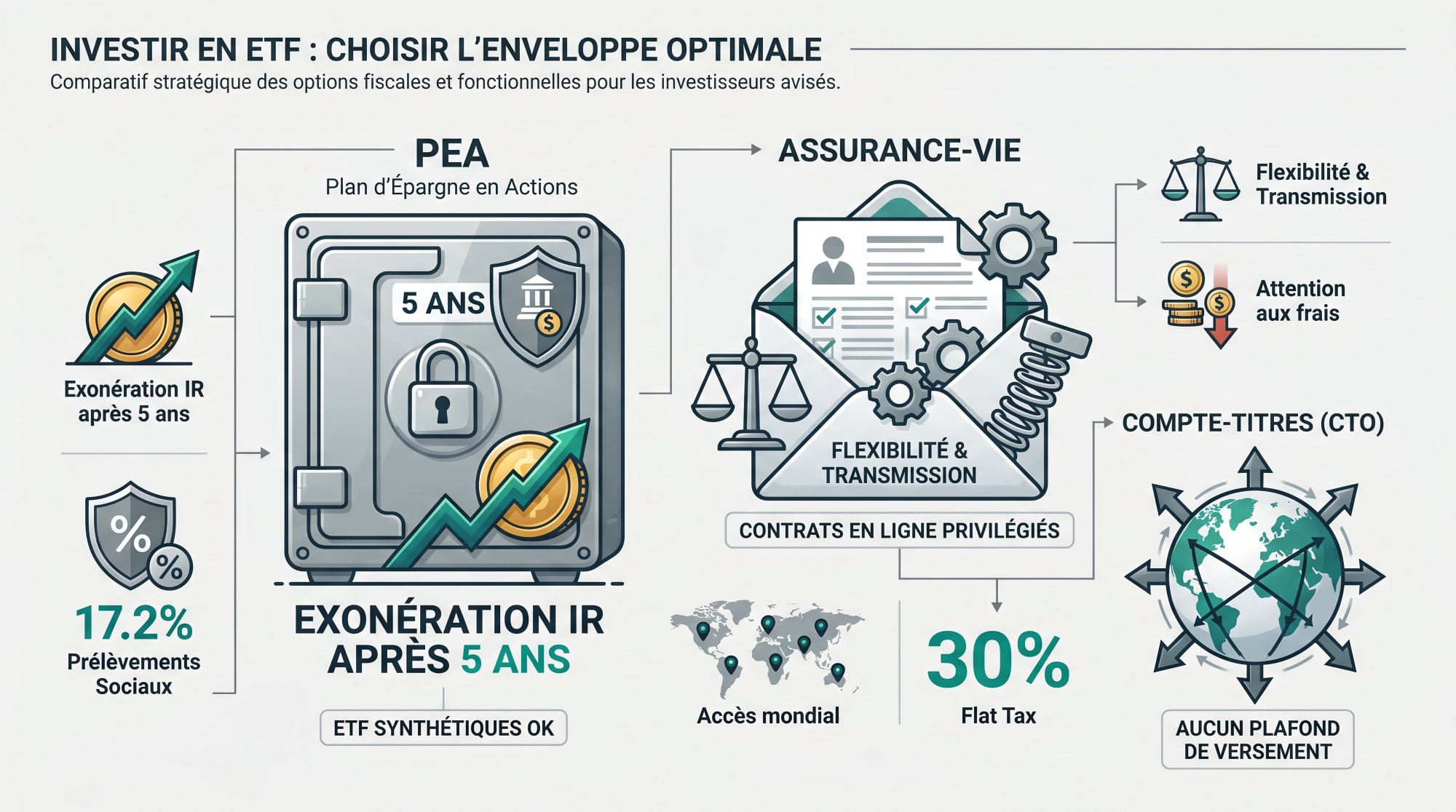 Comparatif des enveloppes fiscales pour investir en ETF : PEA, Assurance-vie et CTO
