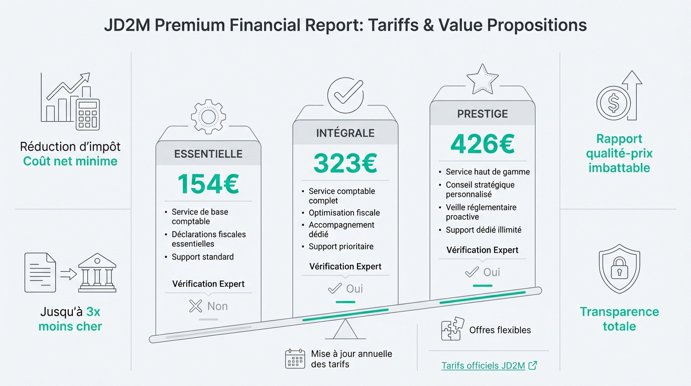 Tableau comparatif des tarifs JD2M Essentielle Intégrale et Prestige