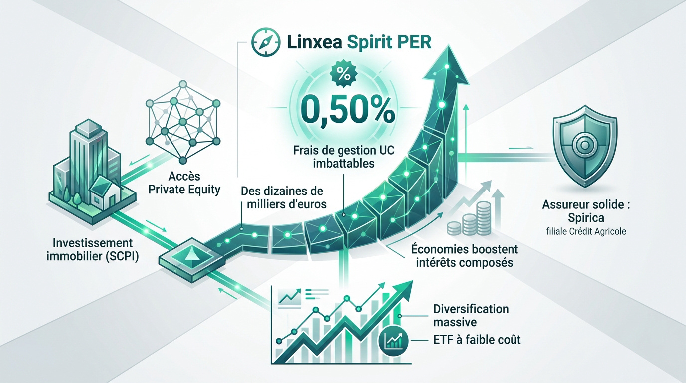 Interface de gestion du contrat Linxea Spirit PER mettant en avant les frais réduits