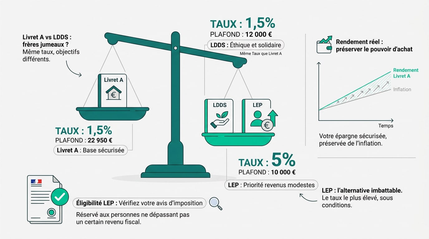 Comparatif des taux et plafonds entre le Livret A, le LDDS et le LEP en 2026