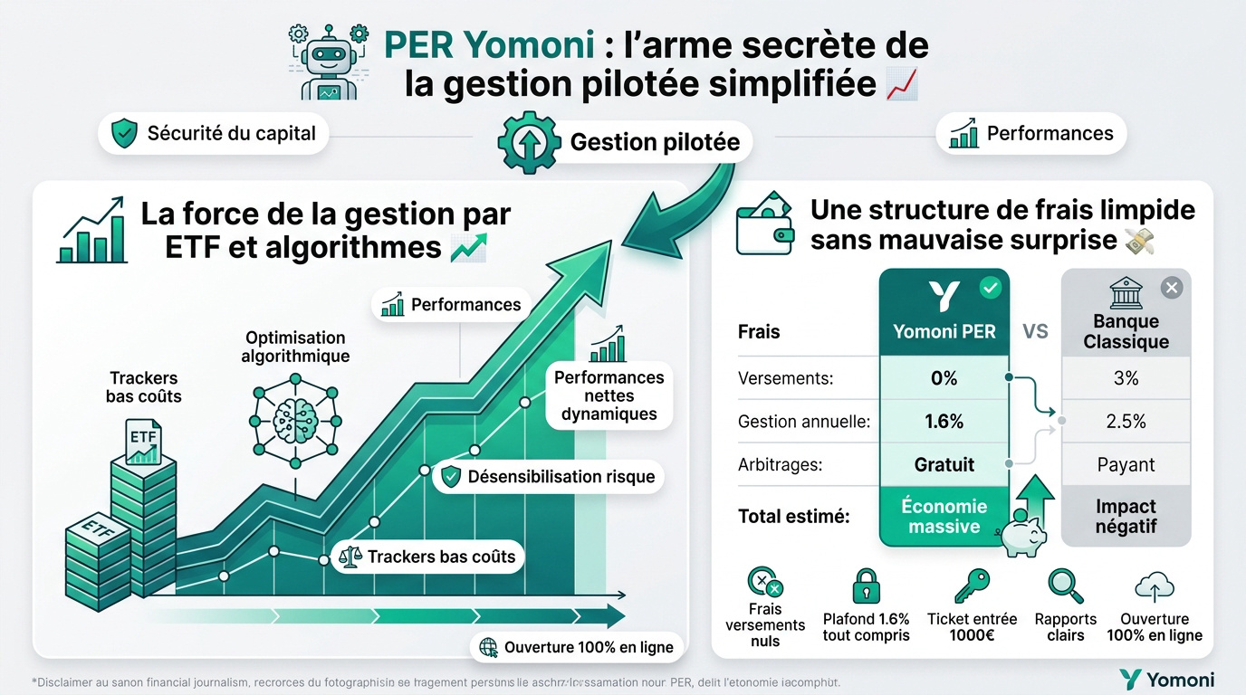 Interface de gestion pilotée du PER Yomoni avec graphiques de performance