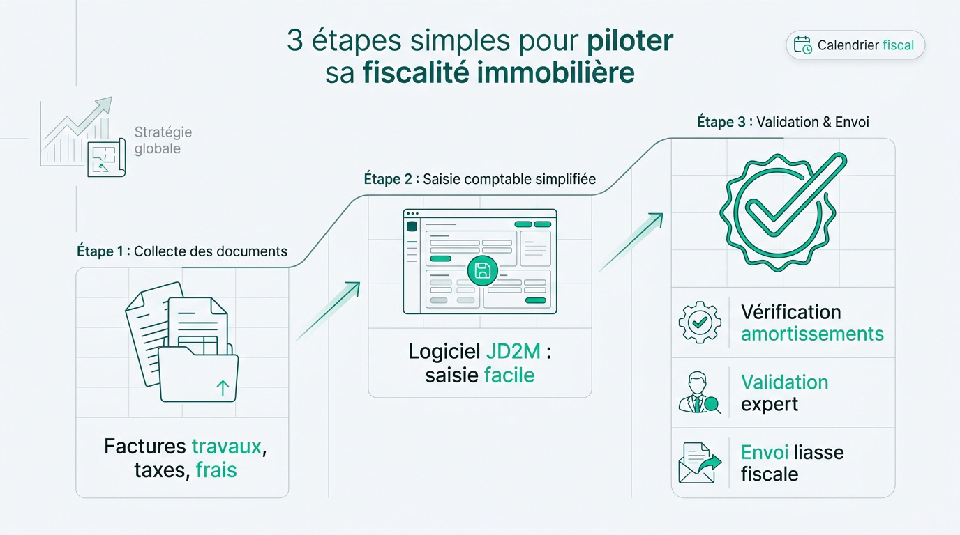 Infographie expliquant les 3 étapes pour gérer sa comptabilité LMNP avec JD2M