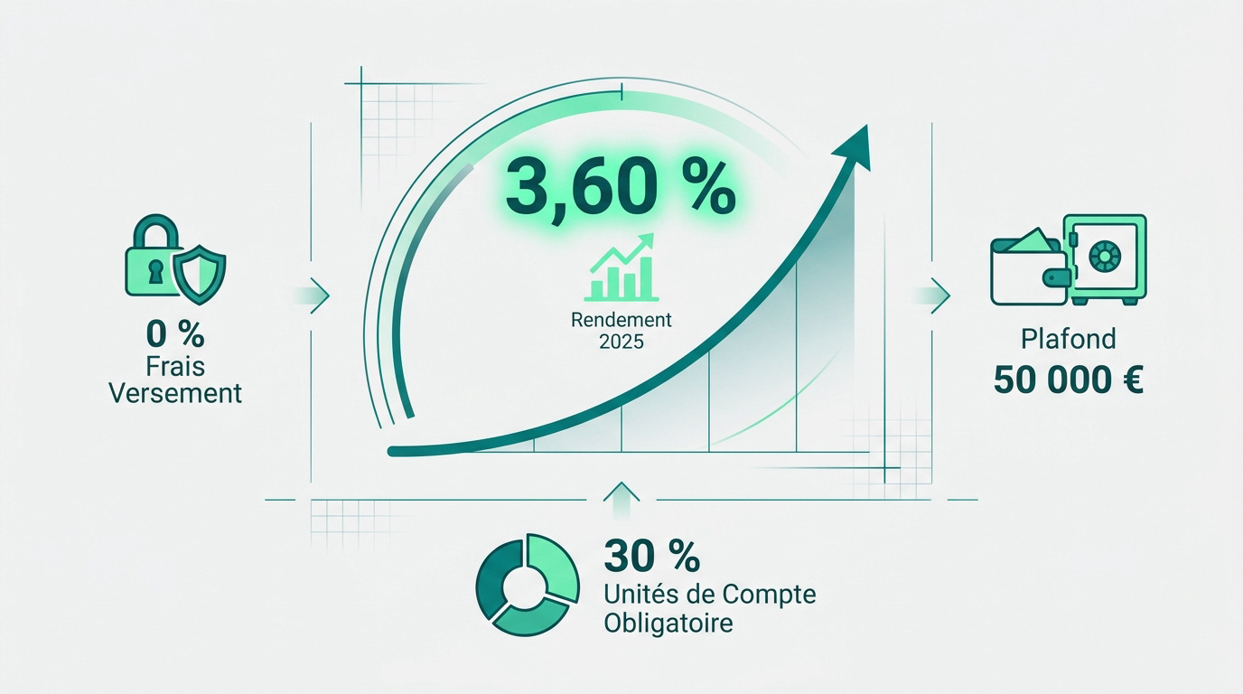 Infographie montrant un rendement de 3,60 %, 0 % de frais, un plafond de 50 000 € et 30 % d'unités de compte. Avis placement-direct euro+