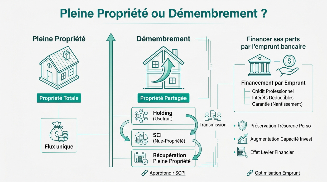 Schéma comparatif entre pleine propriété et démembrement pour un investissement en SCPI via une holding