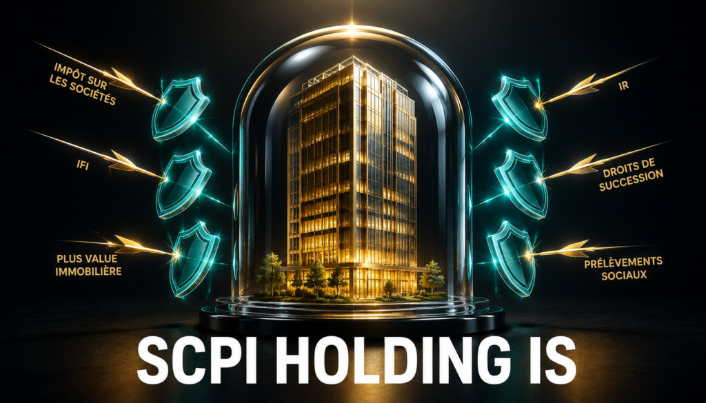 Immeuble doré protégé par un dôme de verre et des boucliers fiscaux illustrant l'investissement en SCPI via une holding soumise à l'IS - SCPI Holding IS