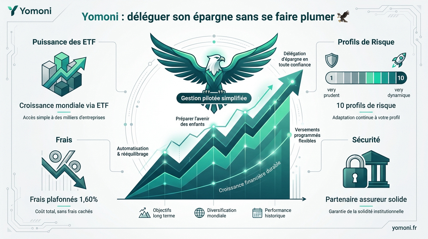 Interface de gestion pilotée Yomoni avec vue sur les performances des ETF