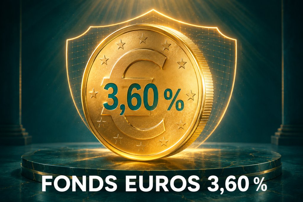 Avis Placement-direct Euro+ - Grande pièce d'euro dorée avec le rendement 3,60 % et un bouclier protecteur, symbolisant la sécurité et la performance du fonds euros Placement Direct Euro+ en 2026
