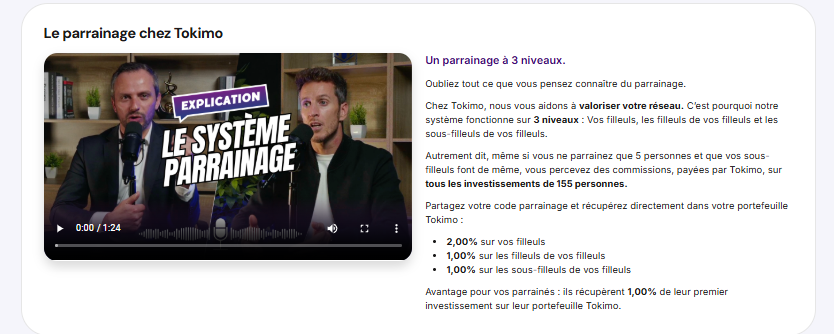Capture d'écran espace du code parrainage Tokimo