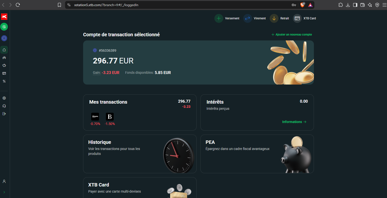Capture d'écran portefeuille XTB