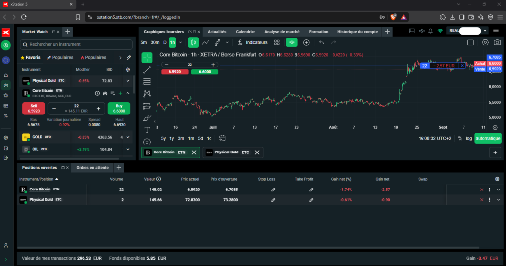 Image de mon compte XTB avec mes 300€ investis