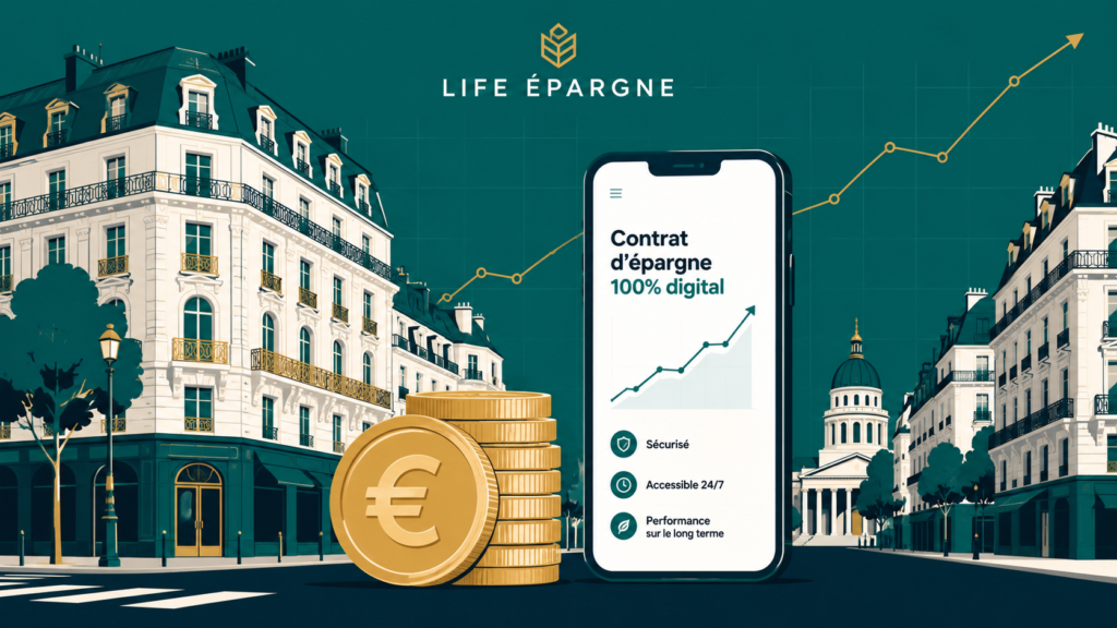 Illustration premium représentant le contrat d'assurance-vie 100 % digital Life Epargne de Spirica, avec pièces d'euro et graphique de performance.