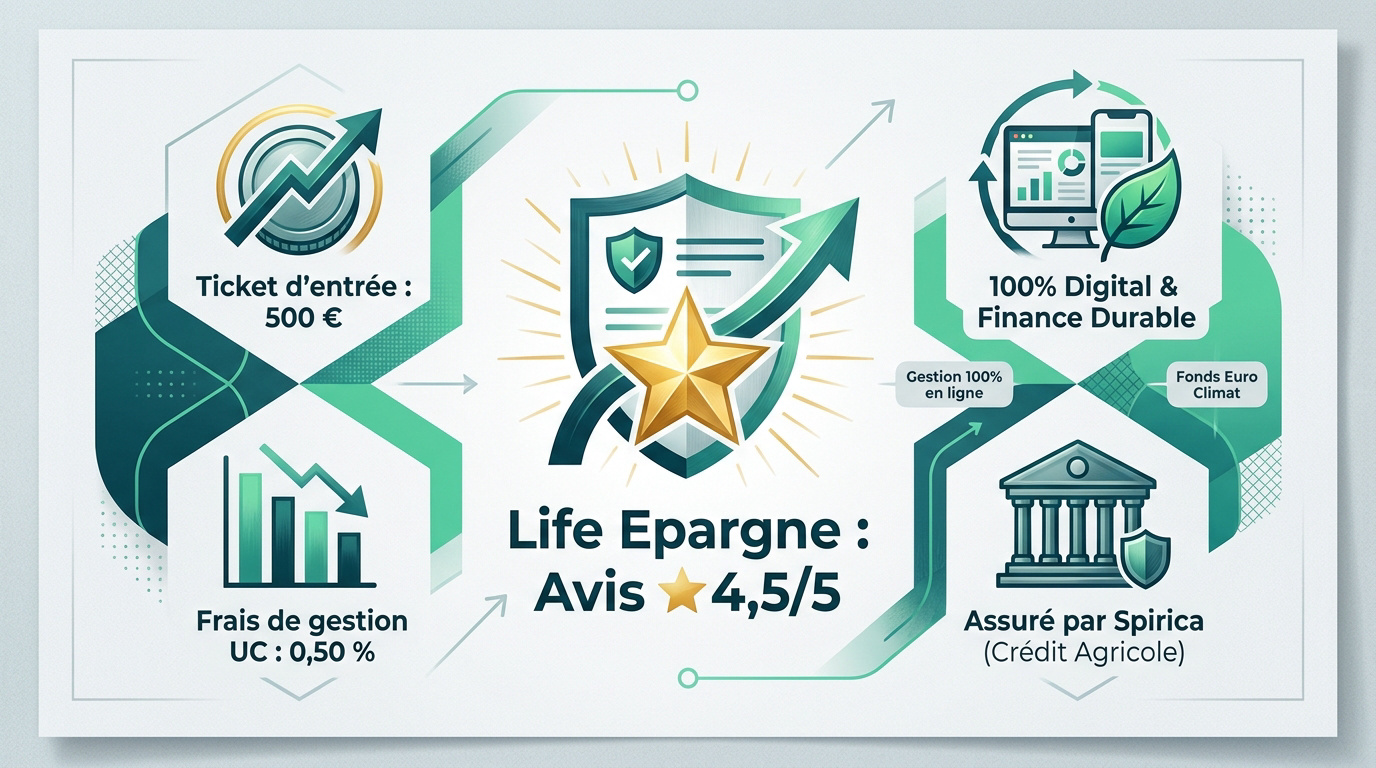 Infographie récapitulative des caractéristiques et avis sur Life Epargne