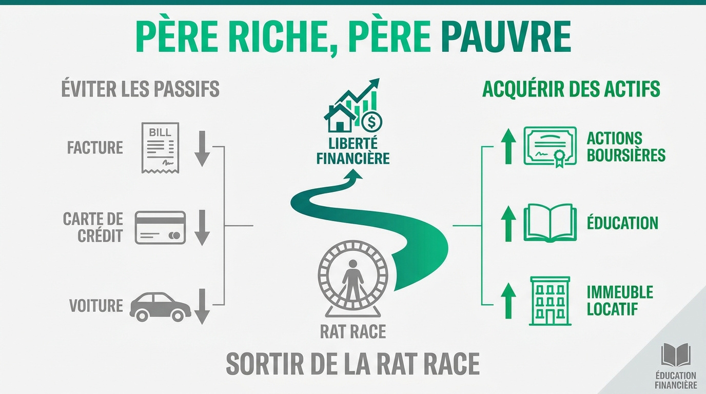 Couverture du livre Père Riche Père Pauvre de Robert Kiyosaki illustrant la liberté financière