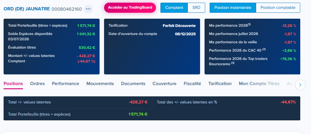 Capture d'écran BoursoBank — interface du compte bourse avec portefeuille en temps réel