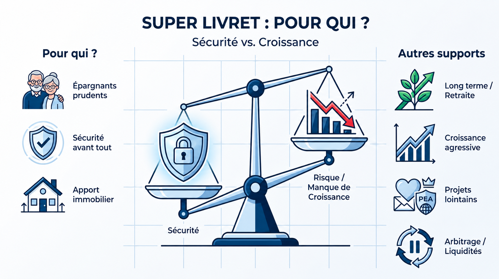 Infographie comparant le super livret sécurisé aux autres placements financiers sur une balance.