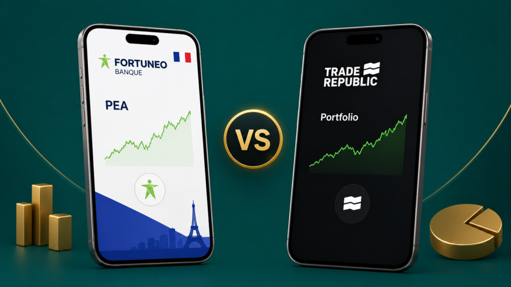 Comparatif Fortuneo PEA ou Trade Republic : deux maquettes de smartphone affichant des interfaces de trading, sur fond vert foncé avec accents dorés