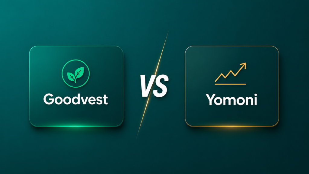 Comparatif visuel Goodvest ou Yomoni : deux cartes produit face à face sur fond vert foncé, icône ESG pour Goodvest, graphique de performance doré pour Yomoni