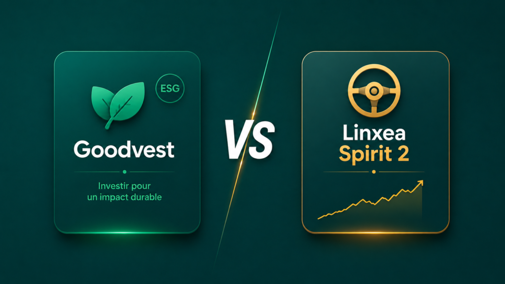 Comparatif Goodvest vs Linxea Spirit 2 : illustration fintech premium divisée en deux, feuille verte ESG à gauche et graphique de performance à droite
