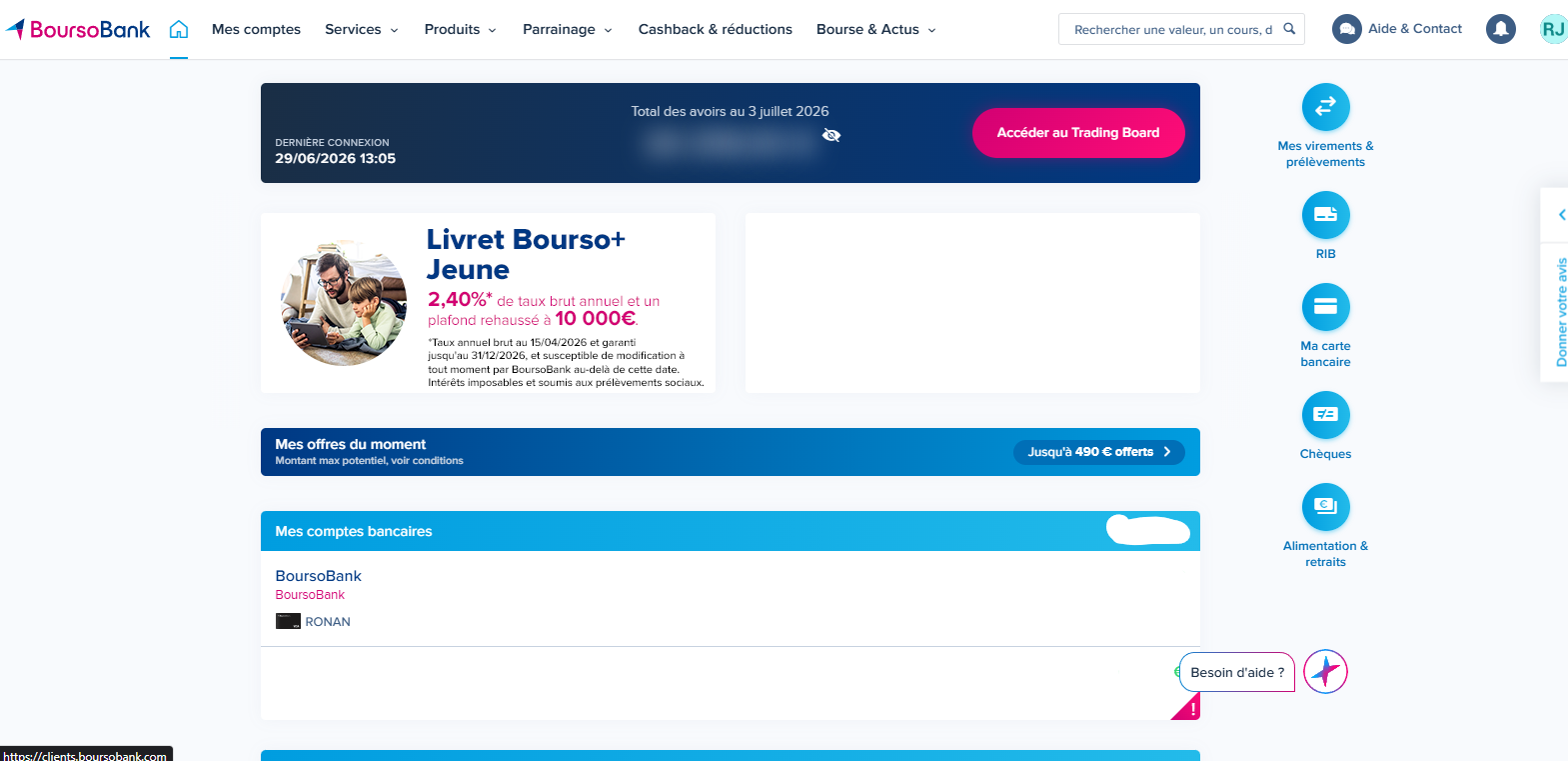 Capture d'écran BoursoBank — tableau de bord du compte courant avec solde et mouvements récents