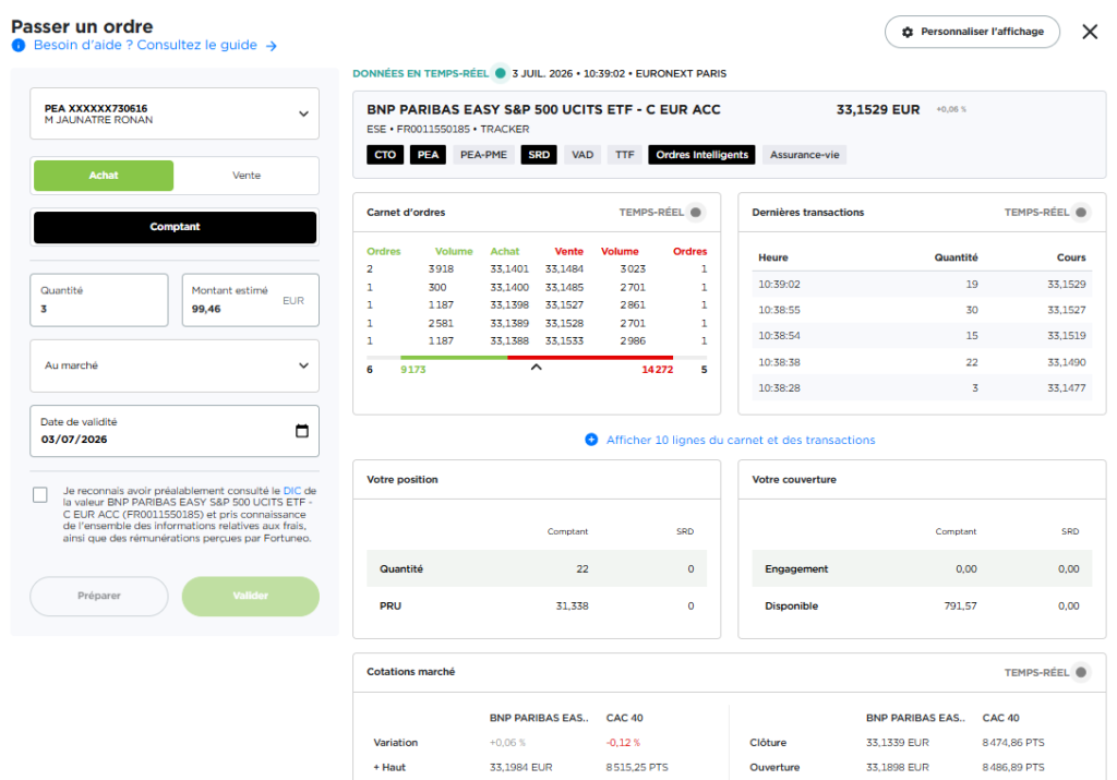 Capture d'écran Fortuneo — interface de passage d'ordre sur le PEA, achat d'ETF simplifié pour débutants