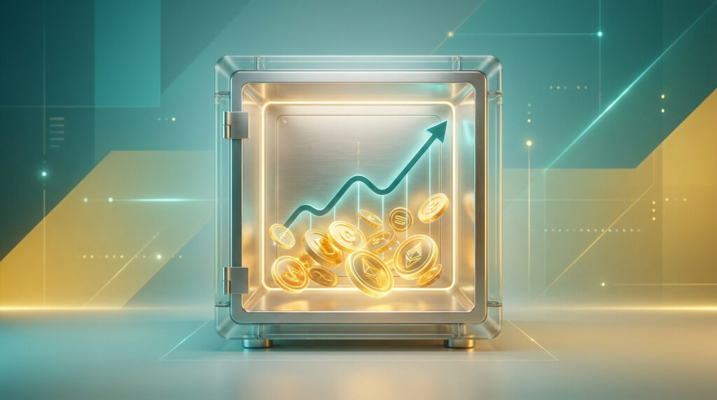 Coffre-fort transparent contenant des pièces d'or et une courbe de croissance ascendante sur fond technologique.
