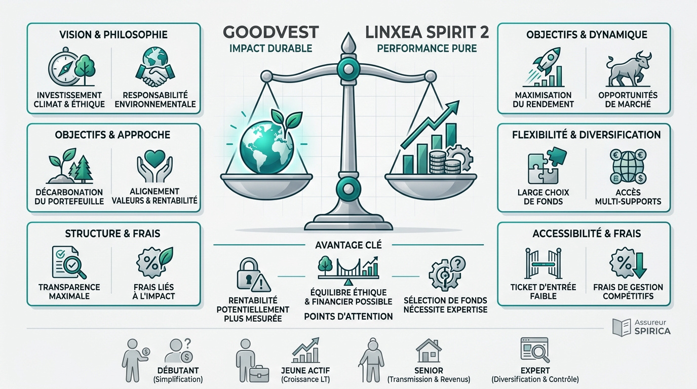 Infographie comparant Goodvest (impact durable) et Linxea Spirit 2 (performance) avec une balance au centre. Aide pour choisir Goodvest ou Linxea Spirit 2 ?