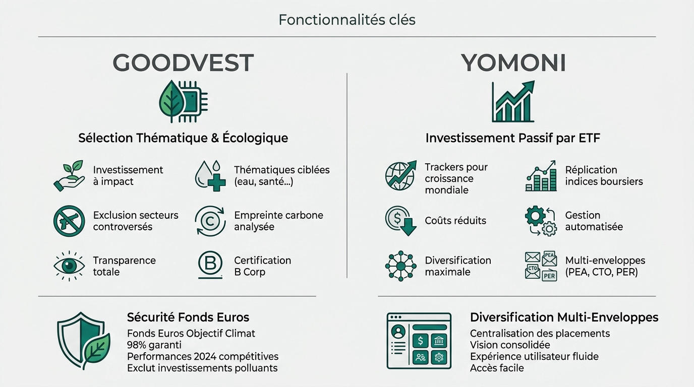 Tableau comparatif des fonctionnalités entre Goodvest et Yomoni pour l