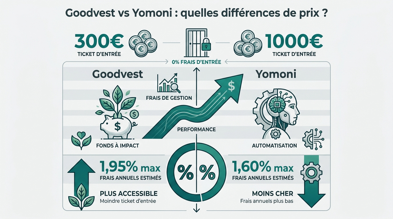Infographie comparant Goodvest ou Yomoni sur les tarifs, tickets d'entrée et spécificités de gestion.