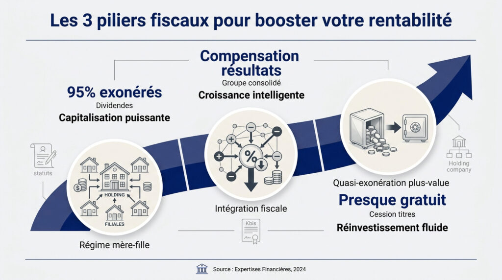 Infographie illustrant les 3 avantages fiscaux d'une holding : régime mère-fille, intégration fiscale et cession de titres.