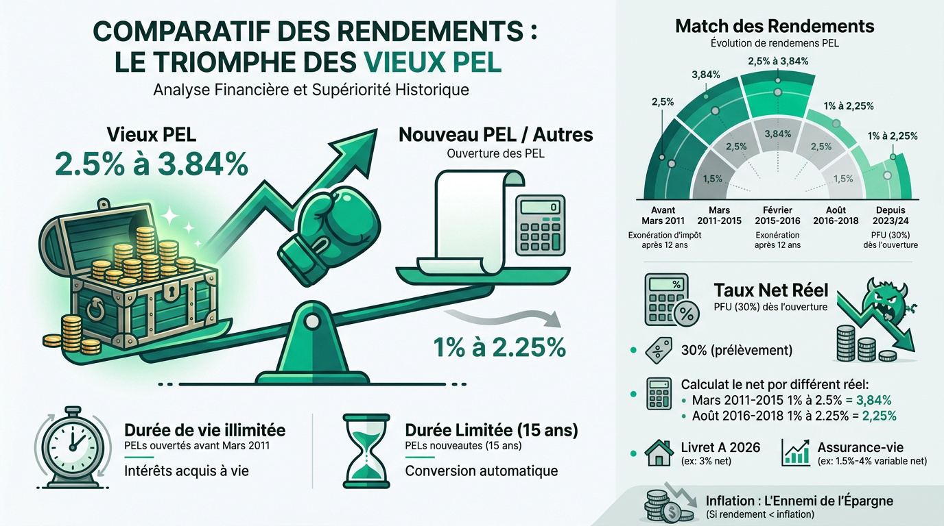 Graphique comparatif des rendements historiques du PEL face aux nouveaux placements 2026