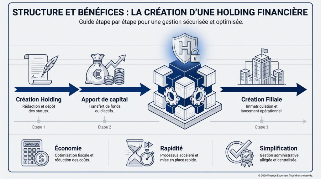 Infographie montrant les étapes de création d'une holding financière : rédaction des statuts, apport et création de filiale.