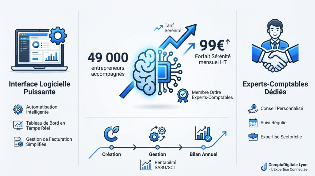 Infographie illustrant les services de Dougs : interface, automatisation, expertise comptable et étapes de gestion.