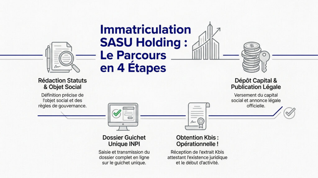 Infographie montrant les 4 étapes pour immatriculer une SASU holding en France, de la rédaction des statuts à l'obtention Kbis.