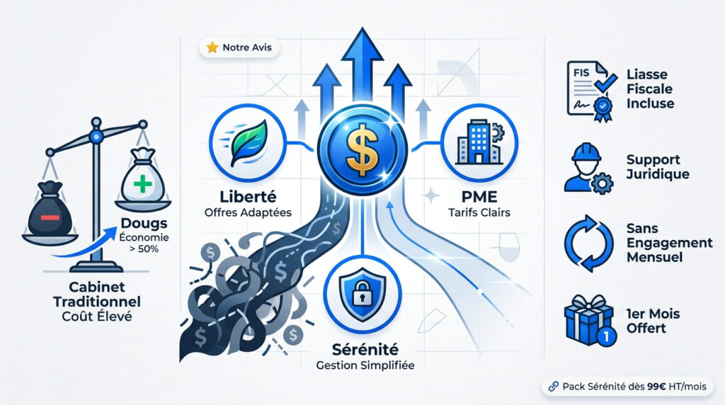Infographie comparant les avantages de la plateforme comptable Dougs par rapport à un cabinet traditionnel.