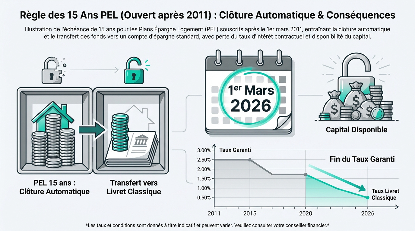 Infographie expliquant la clôture automatique des PEL de 15 ans en 2026 et le transfert des fonds vers un livret classique. Vider PEL 2026