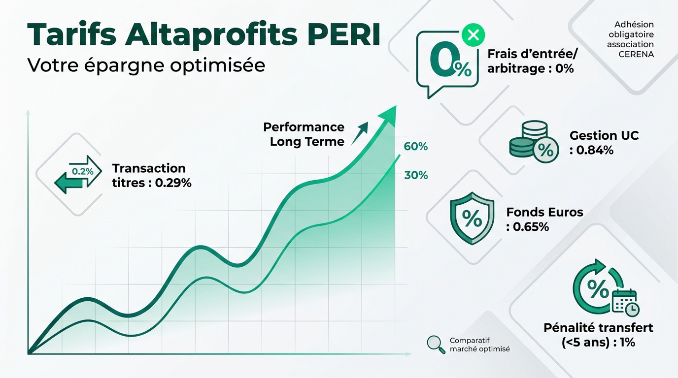 Infographie présentant les frais du contrat PER Titres@PER d'Altaprofits avec un graphique de performance ascendante. Mon avis Altaprofits PER.
