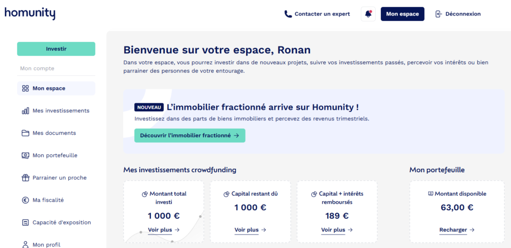 Dashboard homunity après connexion (vue portefeuille)