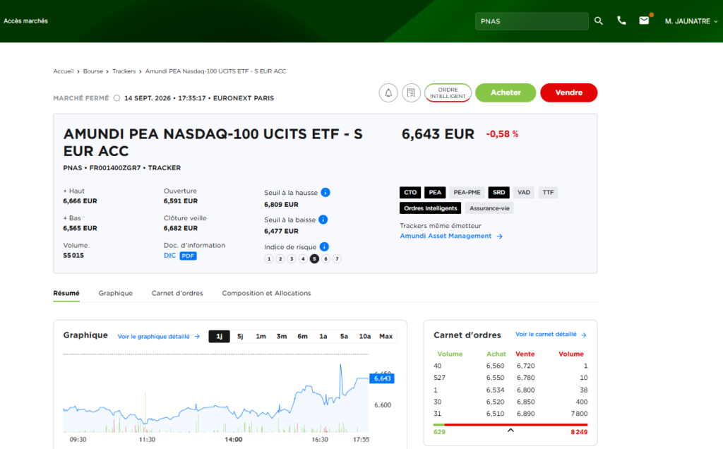 Screenshot PNAS dans mon portefeuille PEA Fortuneo - Le meilleur ETF Nasdaq PEA ?
