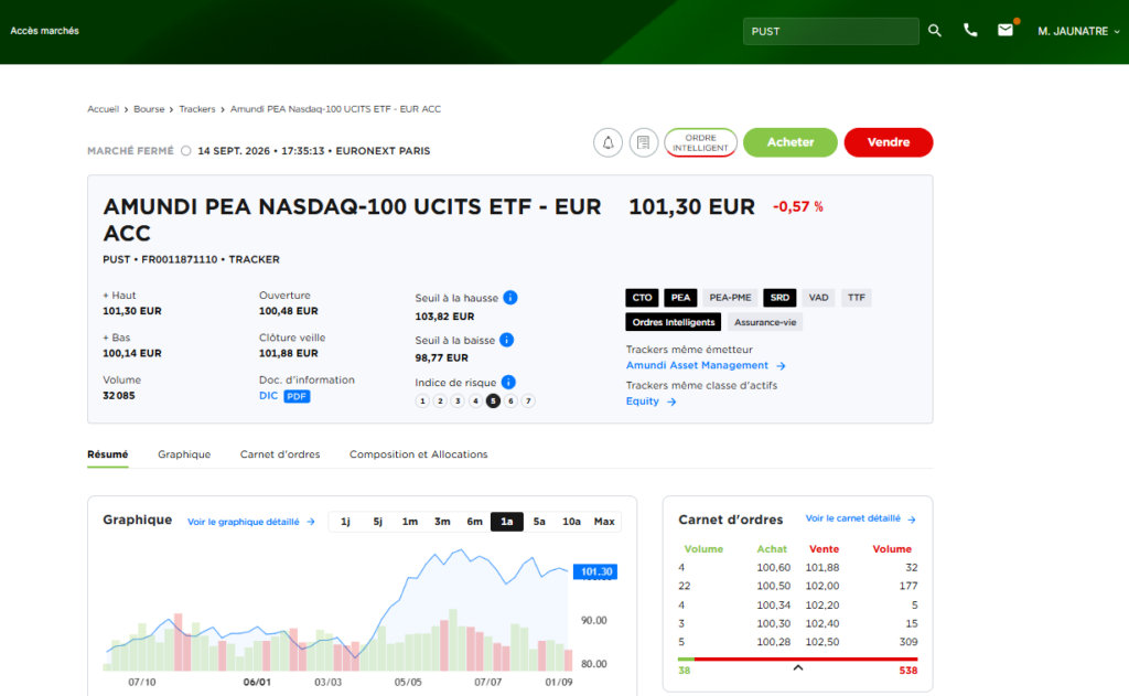 Screenshot PUST dans mon portefeuille PEA Fortuneo - Le meilleur ETF Nasdaq PEA ?