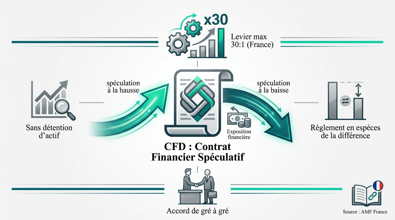 Schéma explicatif du fonctionnement des contrats pour la différence et de la spéculation sur les marchés financiers