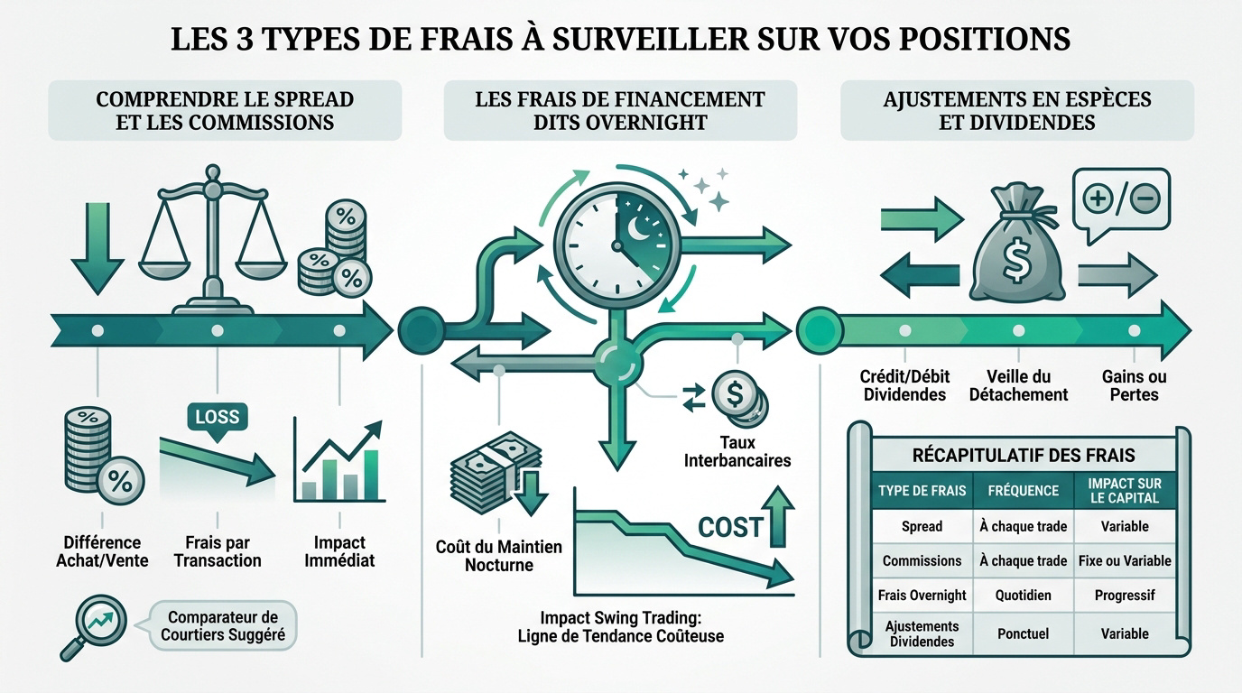 Graphique illustrant les différents frais de trading sur CFD